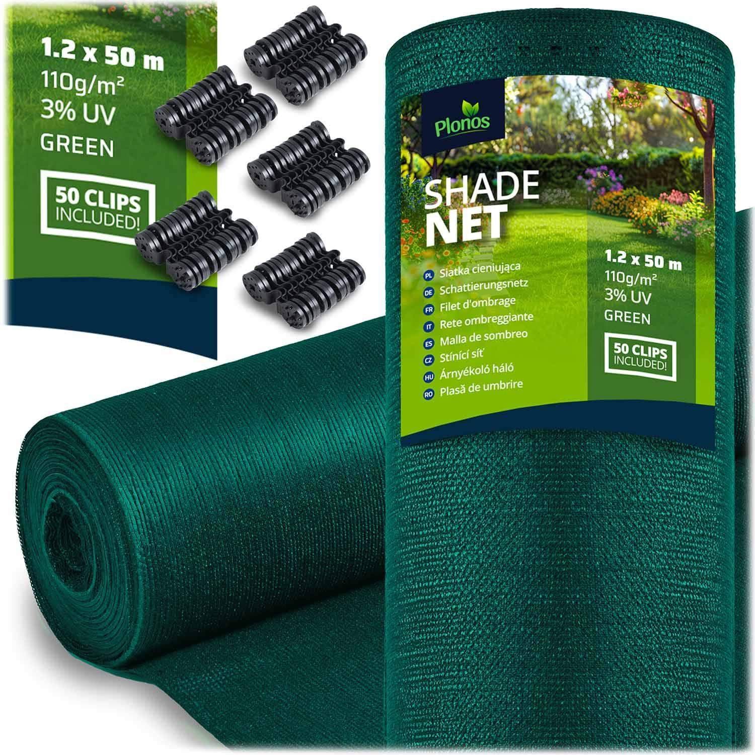 Skuggnät 1,2x50m 110g/m2 + 50 klämmor grön