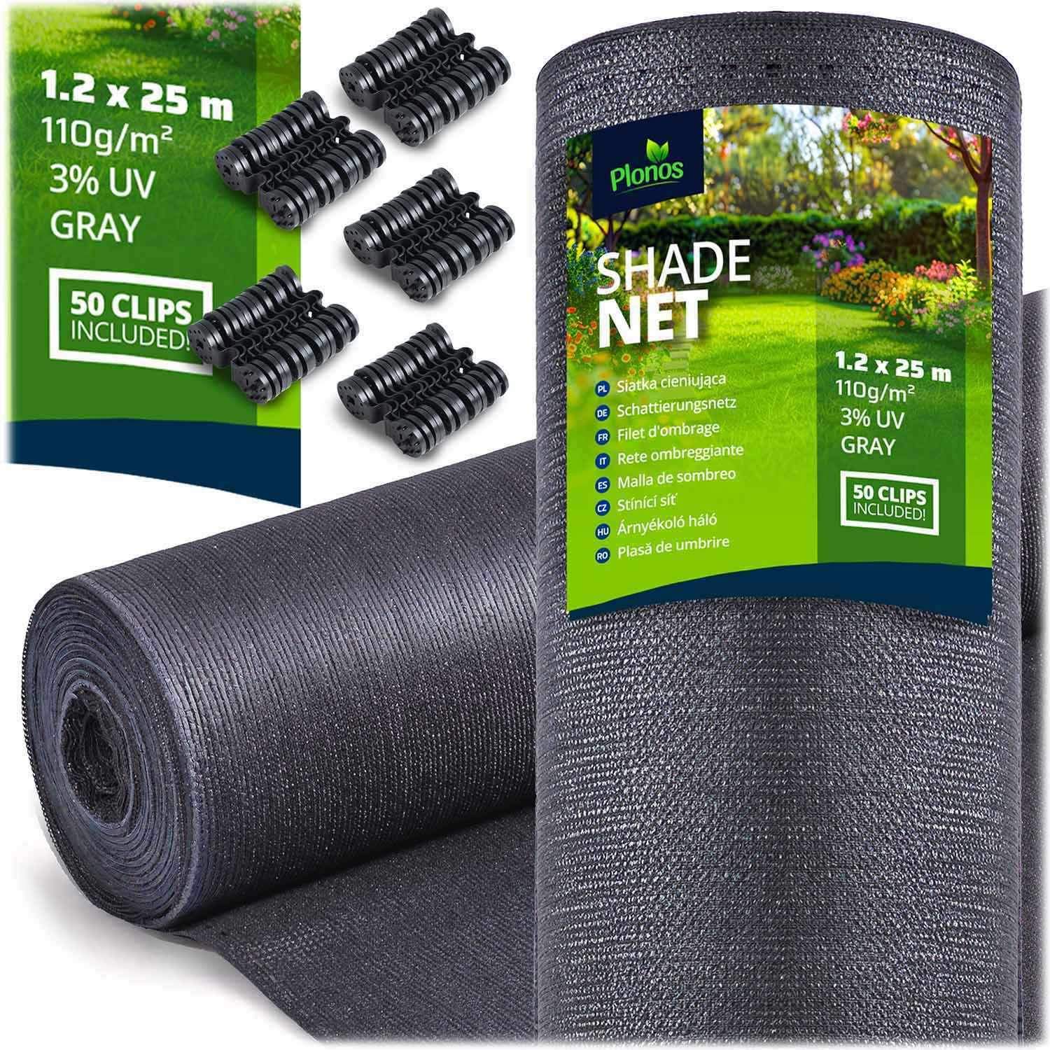 Skuggnät 1,2x25m 110g/m2 + 50 klämmor grå