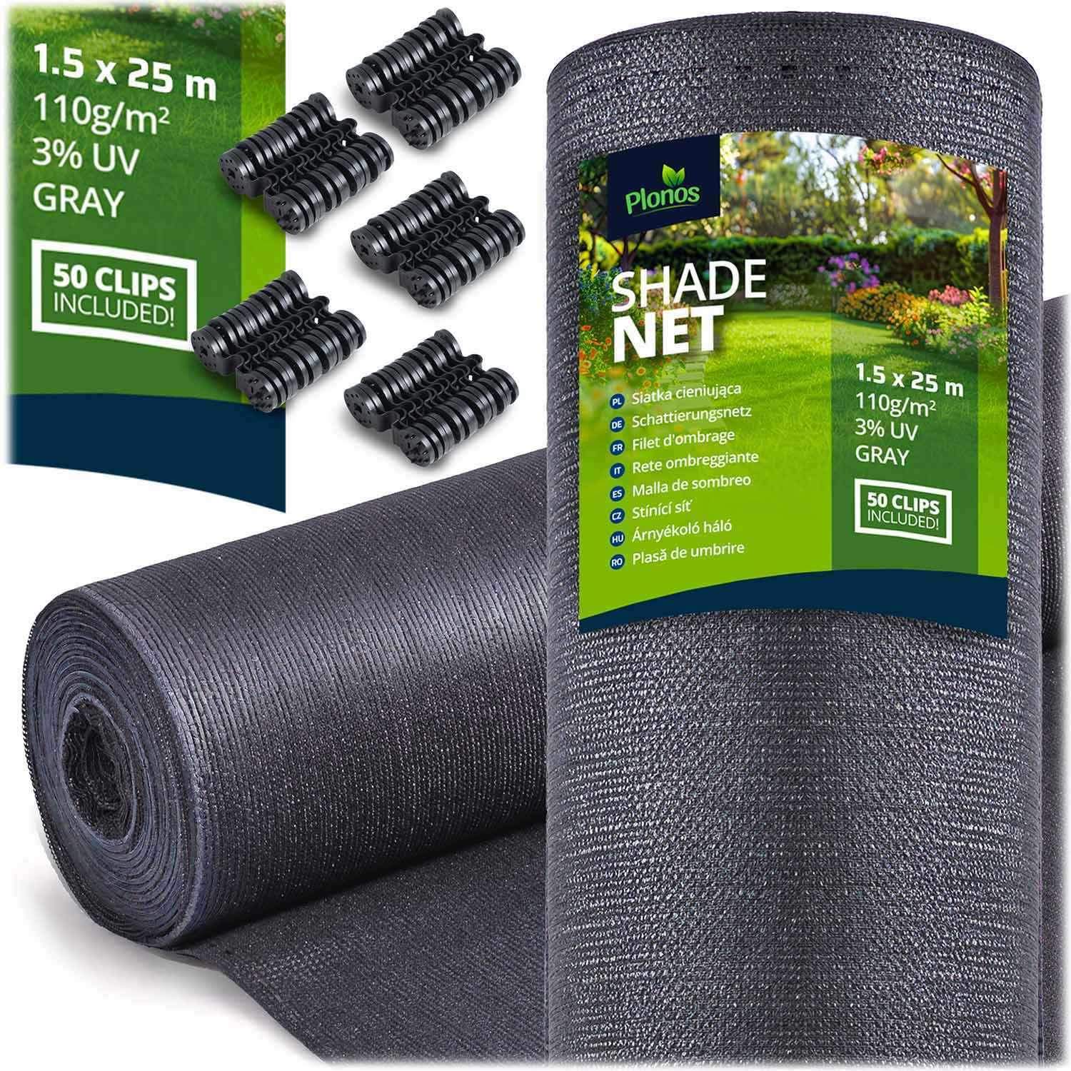Skuggnät 1,5x25m 110g/m2 + 50 klämmor grå
