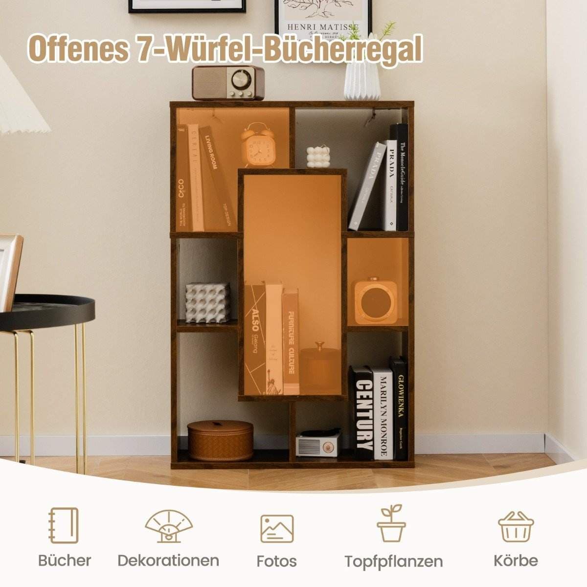 Bokhylla med 7 fack – geometrisk design, tippskydd, 60x20x90 cm