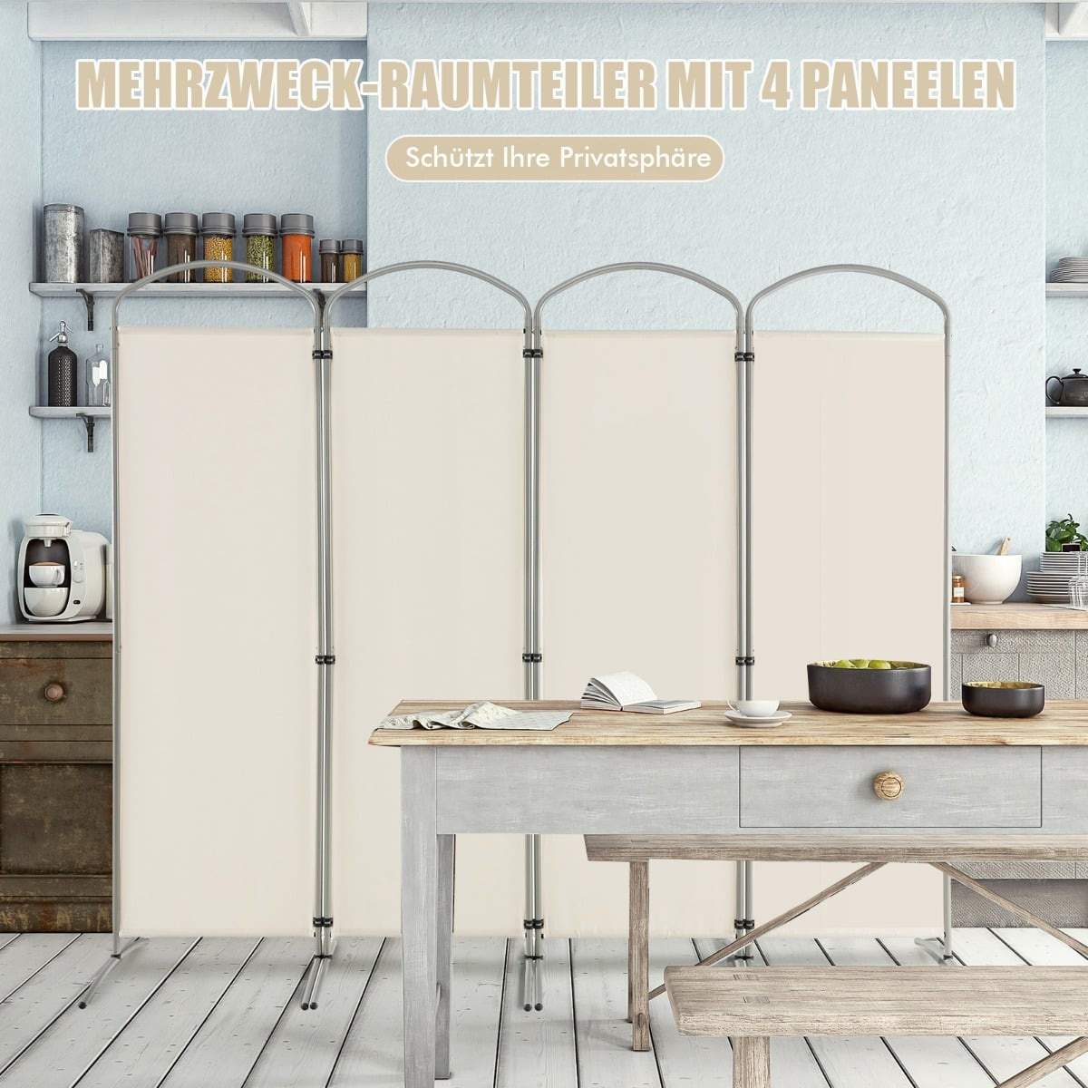 Hopfällbar rumsavdelare, 4 paneler, metallram, vit