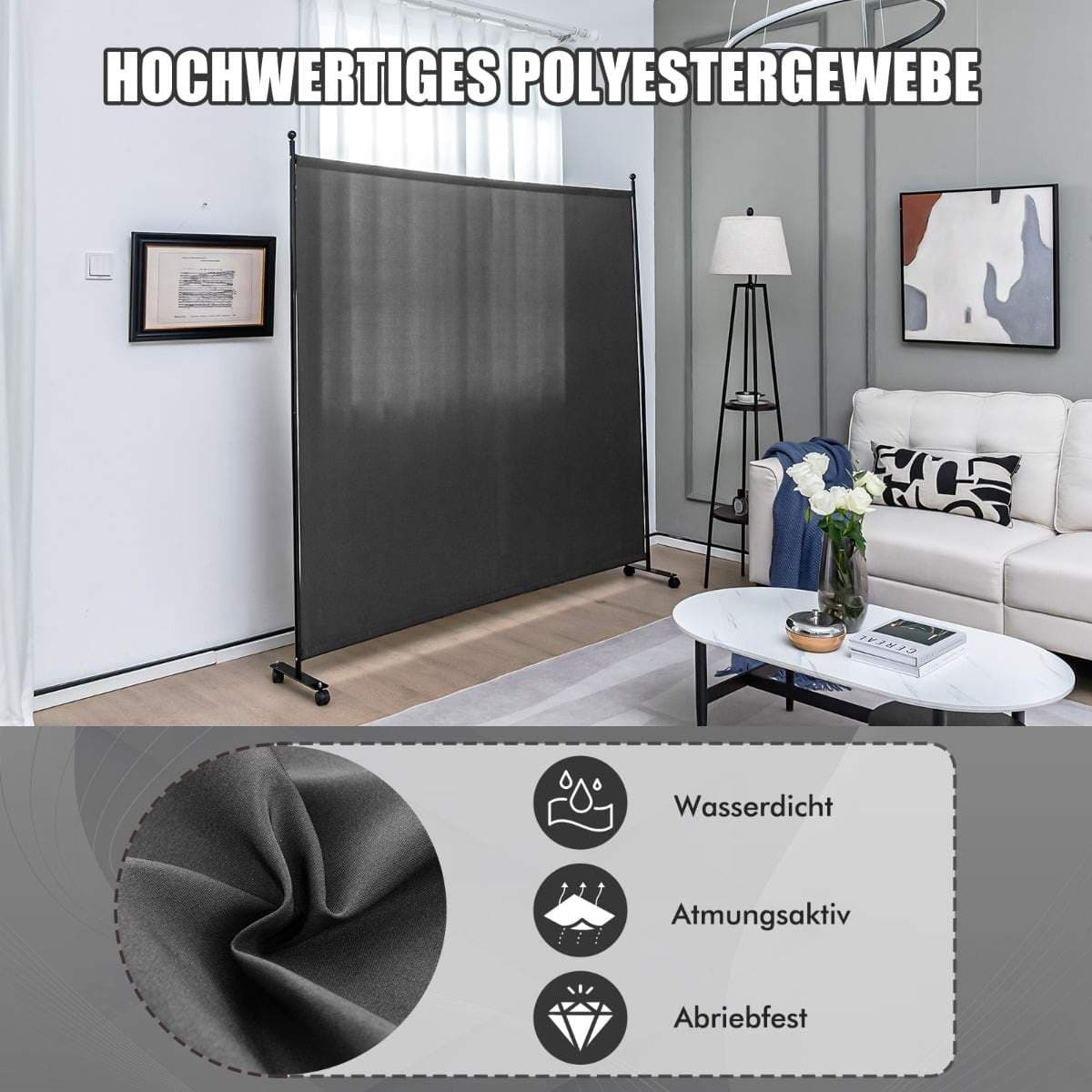 Rumsavdelare med hjul – 184x30x184 cm, grå