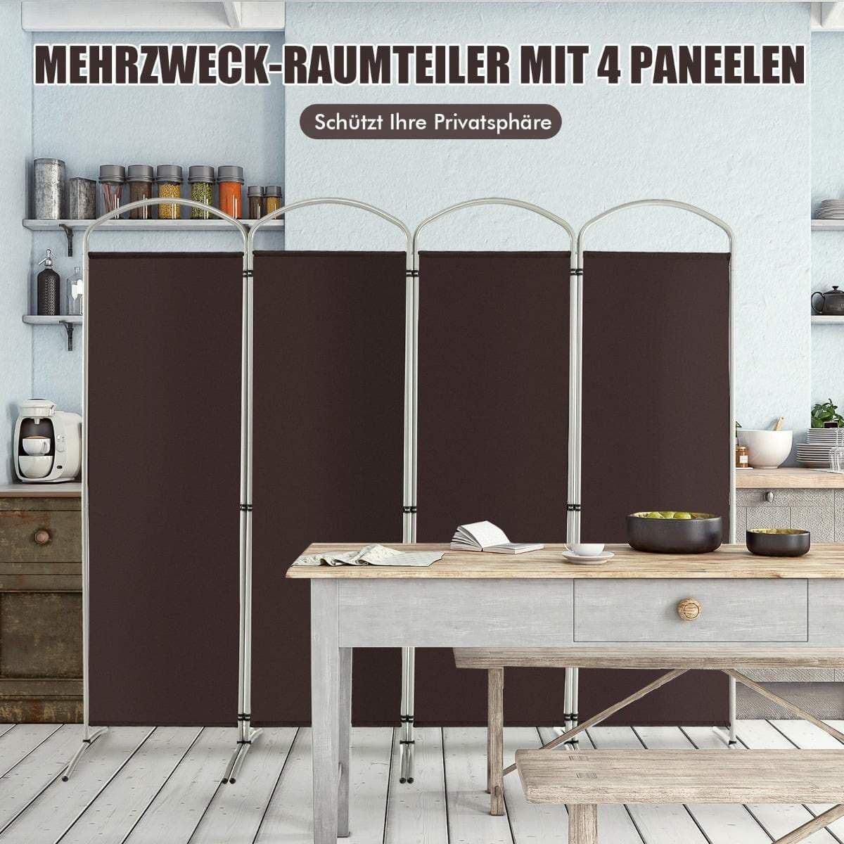 Hopfällbar rumsavdelare, 4 paneler – brun, 221 x 188 cm
