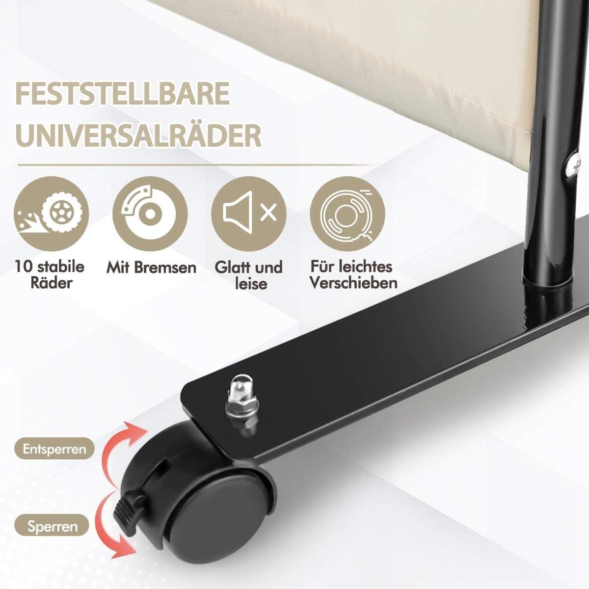 Rumsavdelare med 4 paneler och hjul – Beige, 173 cm hög
