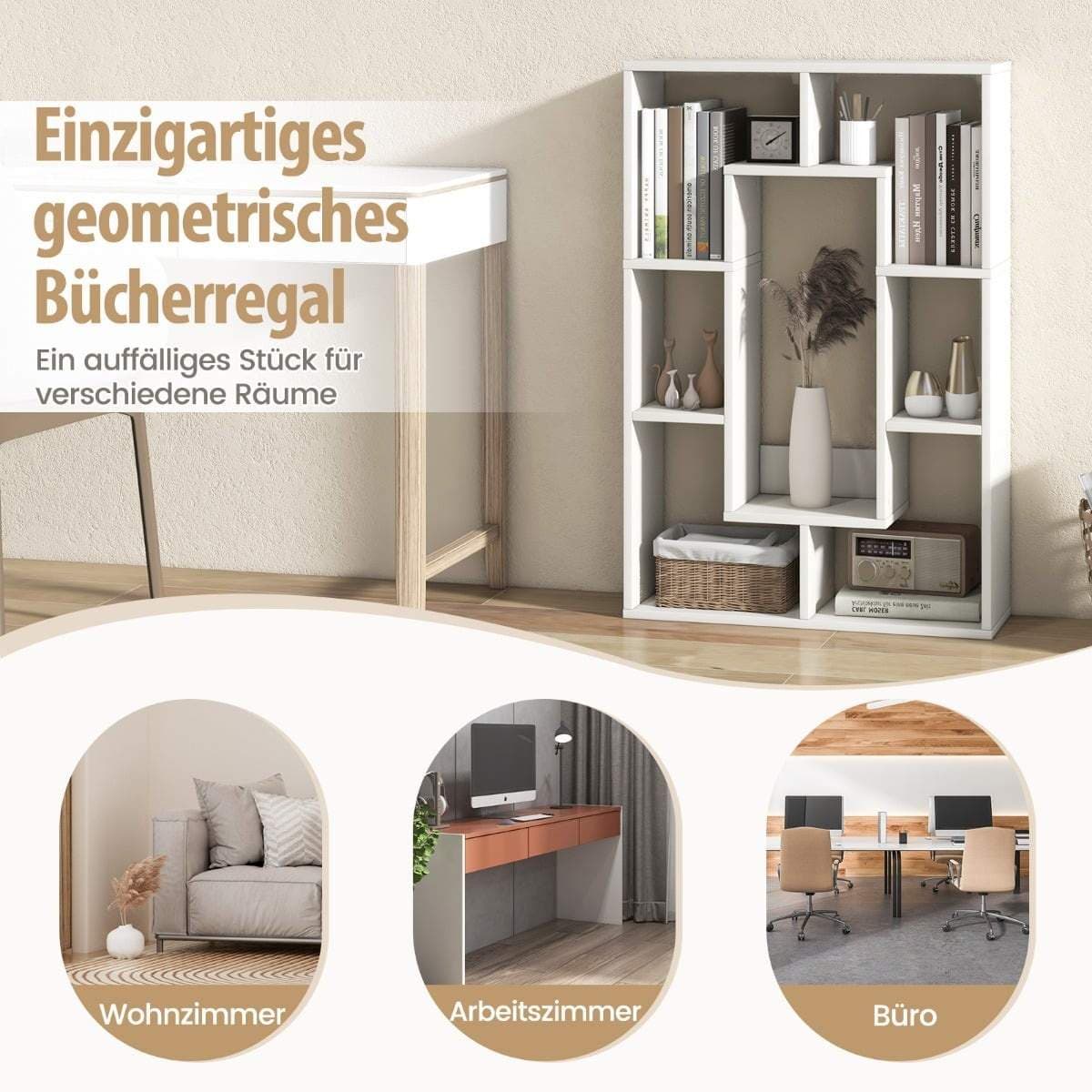 Vit geometrisk bokhylla – 7 hyllor, tippskydd