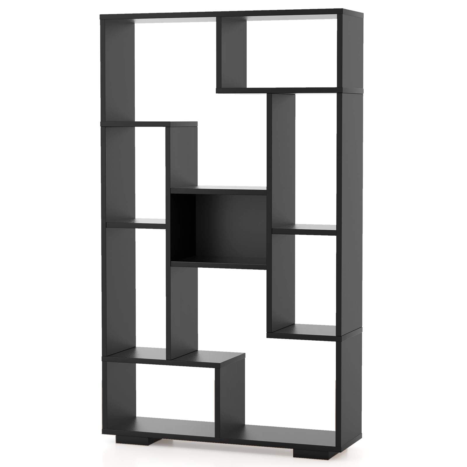 Modern svart bokhylla – geometrisk design, 11 öppna hyllor