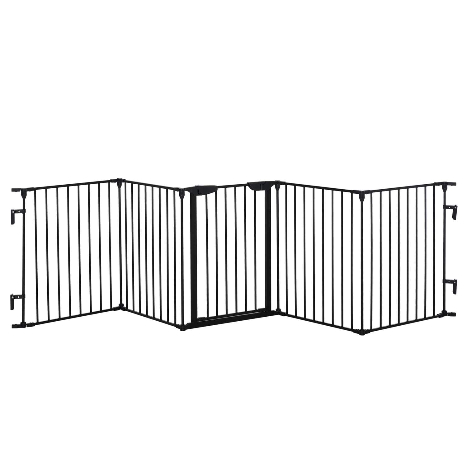2 i 1 valplopp 5-delad vikbarriär med dörr för små och medelstora hundar, DIY valp lekhage 300 x 74,5 cm metall svart