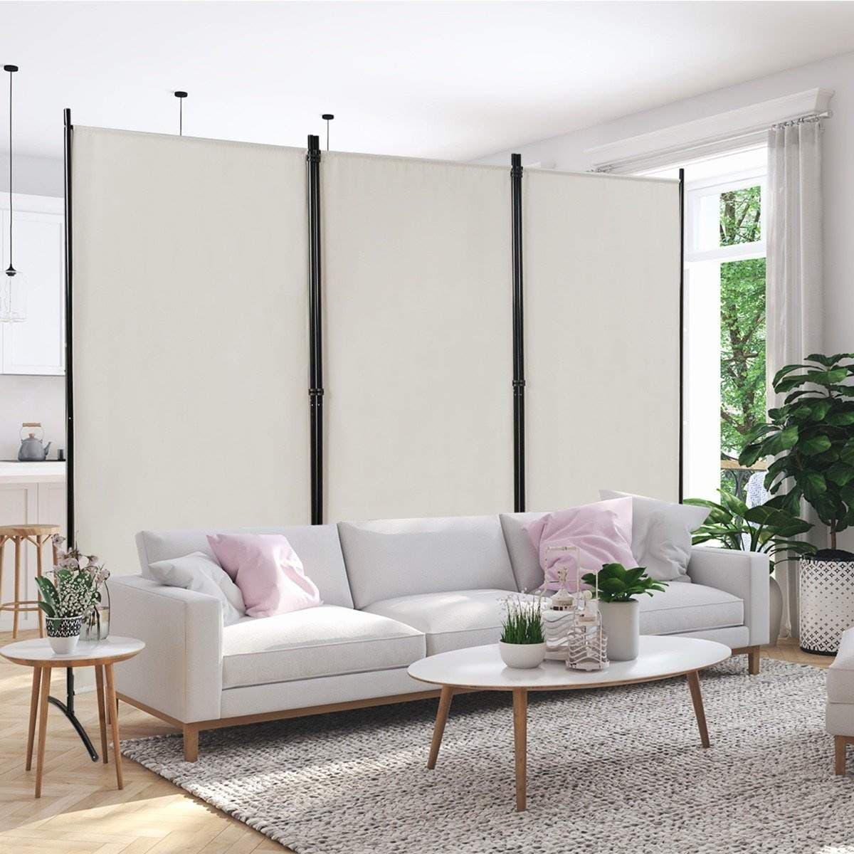 3-panels rumsavdelare med justerbara glasunderlägg och robusta gångjärn och stålbas Beige 3-panels rumsavdelare med justerbara glasunderlägg och robusta gångjärn och stålbas Beige