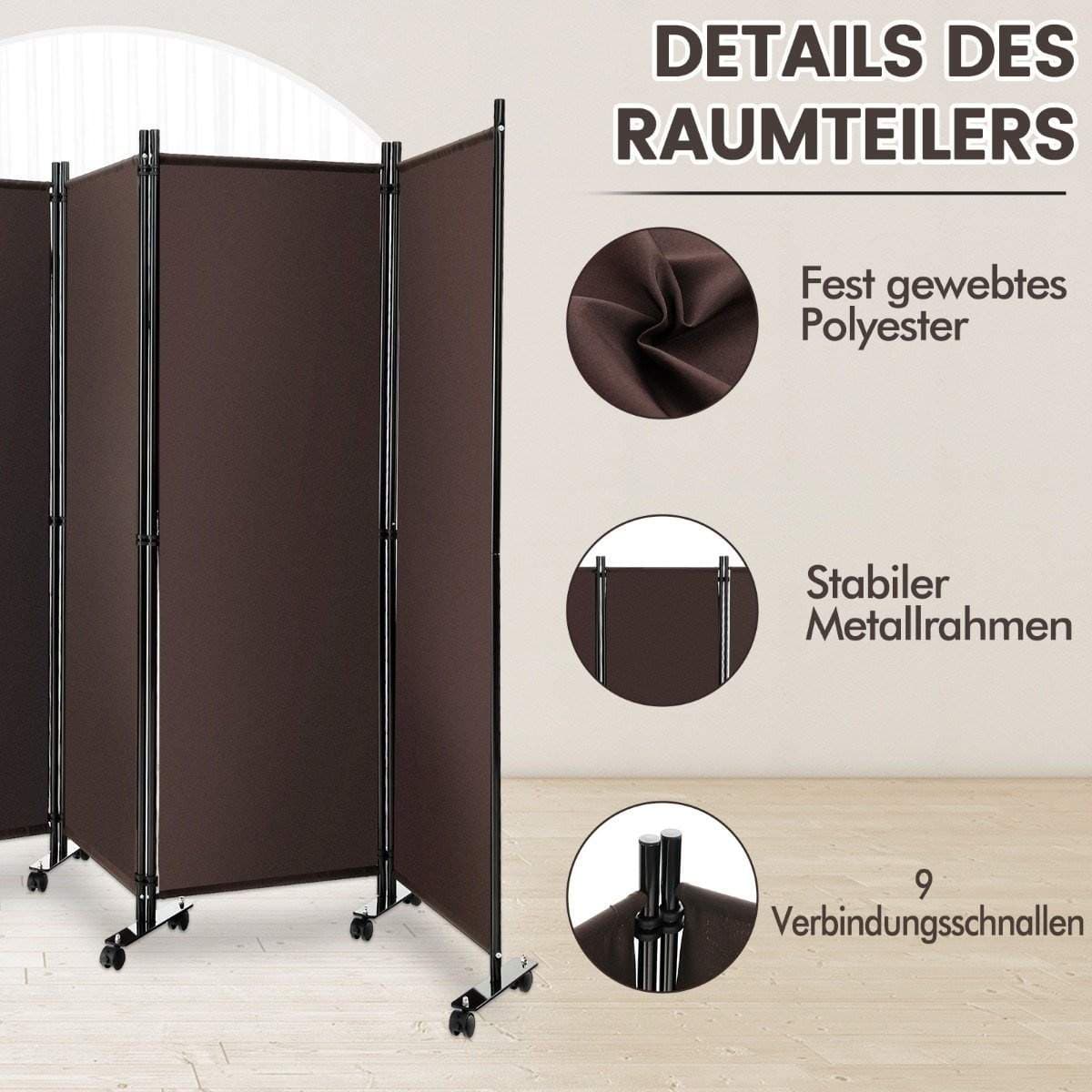 Rumsavdelare med 4 paneler på hjul 173 cm hög rullbar sekretessskärm Brun Rumsavdelare med 4 paneler på hjul 173 cm hög rullbar sekretessskärm Brun