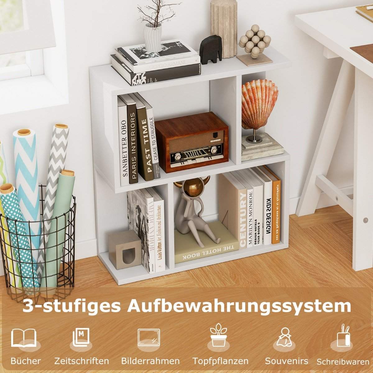 Bokhylla med 4 fack, sidobord, soffa, sängbord, rumsavdelare, trä, 50 x 17,5 x 55,5 cm, vit Bokhylla med 4 fack, sidobord, soffa, sängbord, rumsavdelare, trä, 50 x 17,5 x 55,5 cm, vit