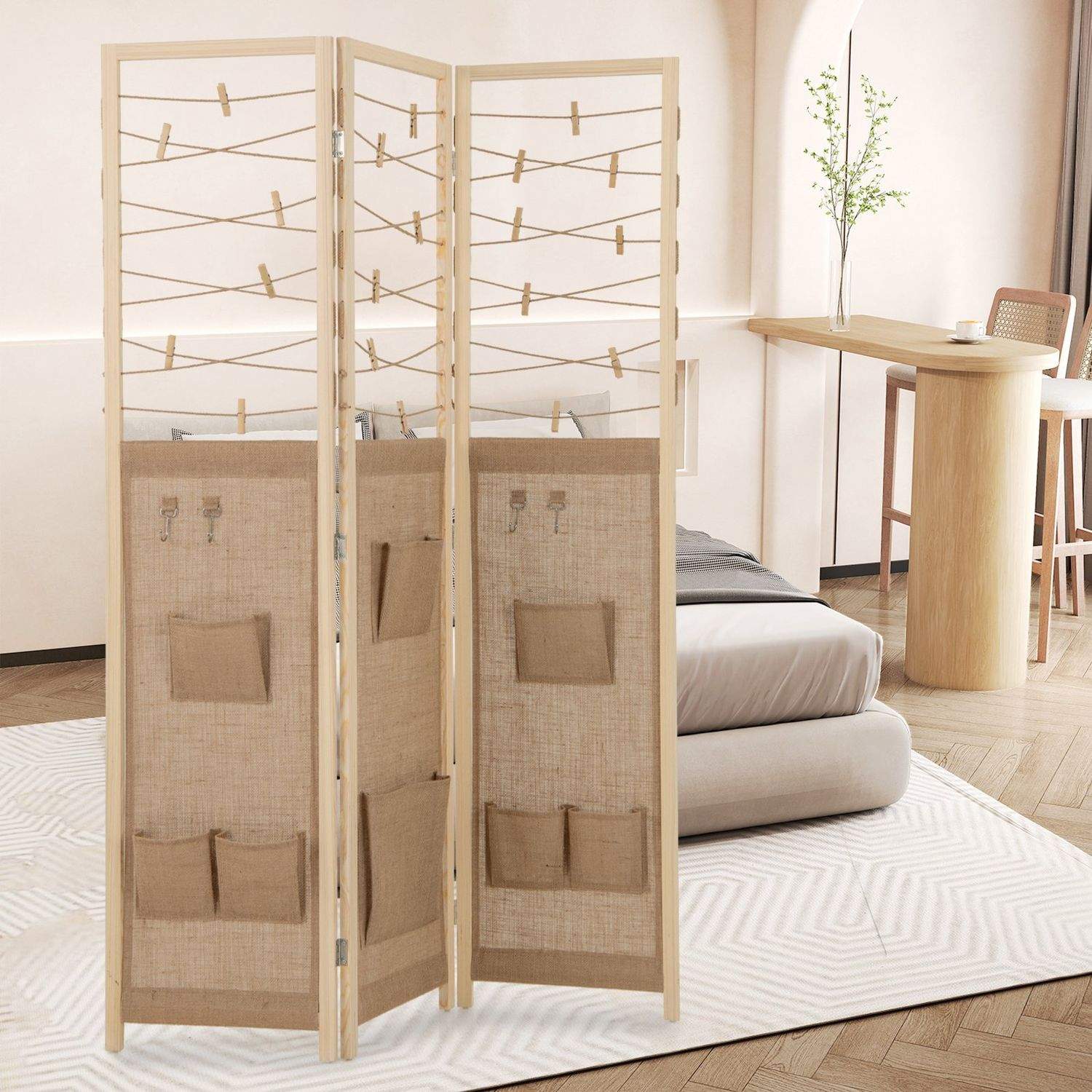 3-panels rumsavdelare med förvaring, 120x170 cm, trästomme 3-panels rumsavdelare med förvaring, 120x170 cm, trästomme